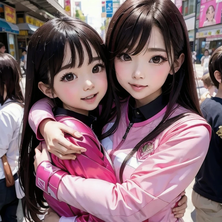 (masterpiece, best quality:1.2), japanese idol(wearing pink power ranger outfit) and young boy (wearing black poloshirt),hug,