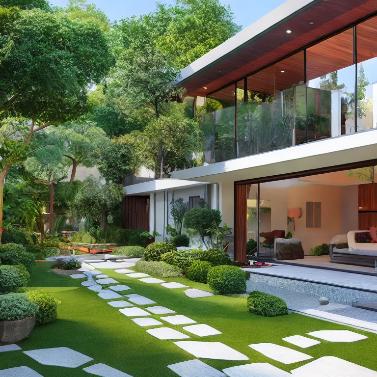 (masterpiece, best quality:1.2), KTHOUSE Landscape2 - Garden Villa, 1 morden garden, out door