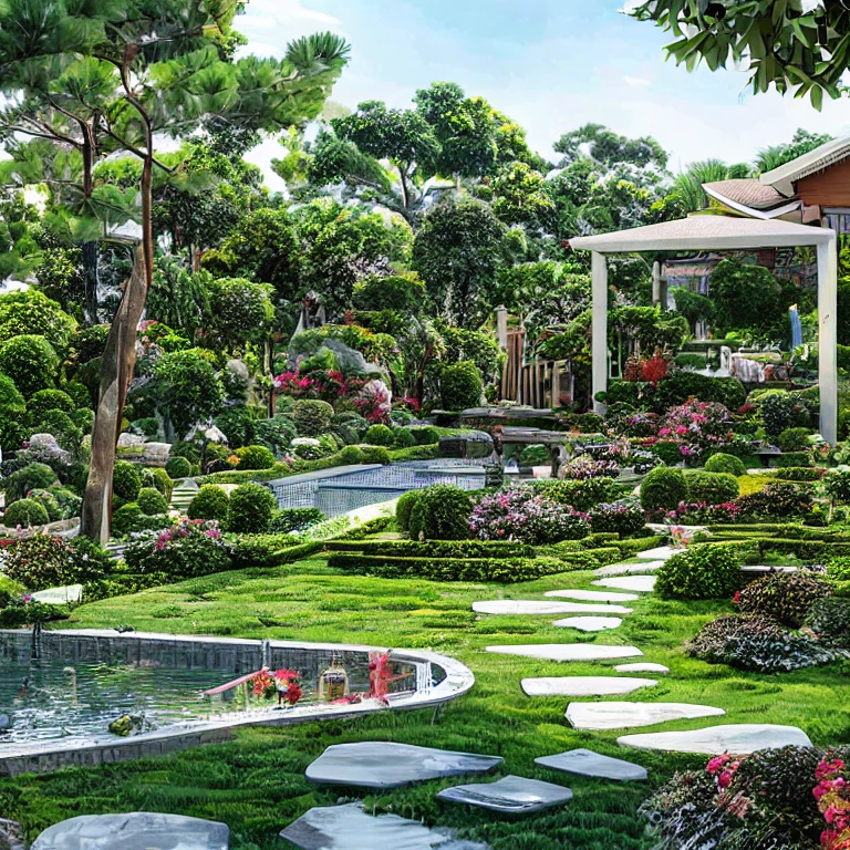 (masterpiece, best quality:1.2), KTHOUSE Landscape3 - Garden Villa, morden garden, Realistic, 1 chòi lục giác, lối đi đẹp, ánh sáng lung linh:1.5