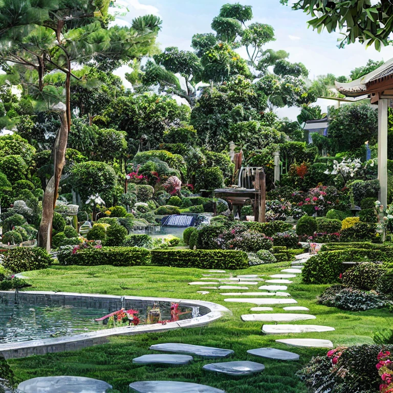 (masterpiece, best quality:1.2), KTHOUSE Landscape3 - Garden Villa, morden garden, Realistic, 1 chòi lục giác, lối đi đẹp, ánh sáng lung linh:1.5
