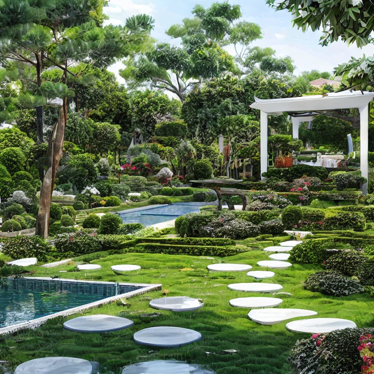 (masterpiece, best quality:1.2), KTHOUSE Landscape3 - Garden Villa, morden garden, Realistic, 1 chòi lục giác, lối đi đẹp, ánh sáng lung linh:1.5