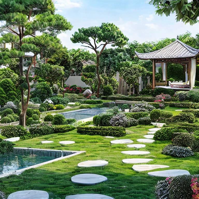 (masterpiece, best quality:1.2), KTHOUSE Landscape3 - Garden Villa, morden garden, Realistic, 1 chòi lục giác, lối đi đẹp, ánh sáng lung linh:1.5