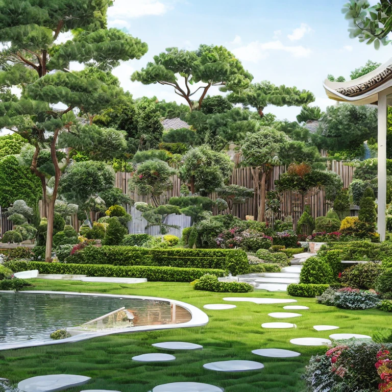 (masterpiece, best quality:1.2), KTHOUSE Landscape3 - Garden Villa, morden garden, Realistic, 1 chòi lục giác, lối đi đẹp, ánh sáng lung linh:1.5