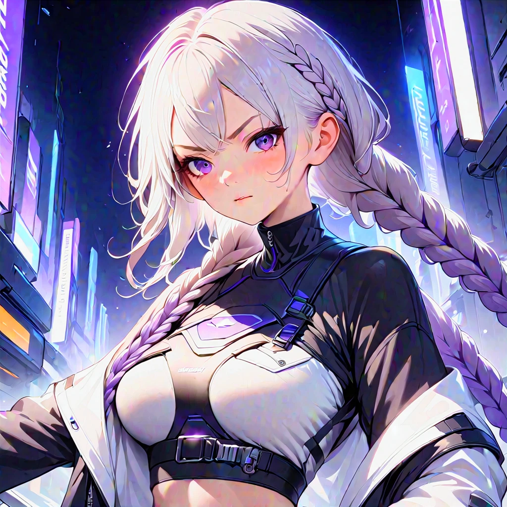 (masterpiece, best quality:1.2), 1girl, solo, Anime girl, purple and white gradient double braid long ponytail, cool, personality, brave, black clothes, Kushat Krenz key art female, blue lane style, 1yj1