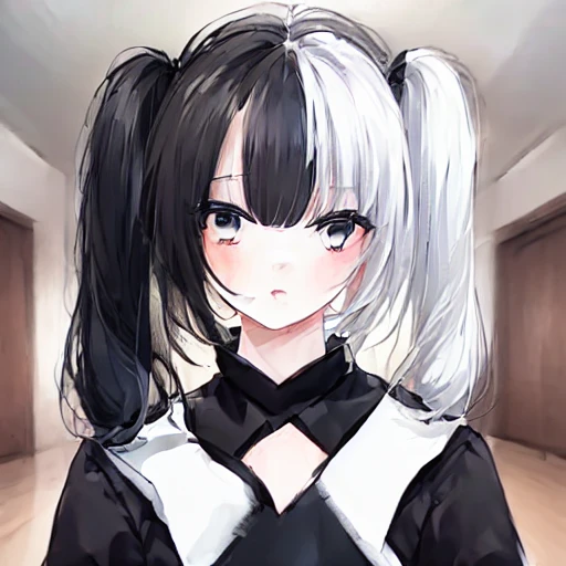 highest quality、highest quality、8k、Ultra-high resolution、highest quality、Very detailed、Perfect Face、Very detailed、Very delicate、1 boy, ((alone))、,Anime Style、church、Twin tails、(One Girl)、Two-tone hair, Black and White,Black and White、2 Tone,(HLFCOL hair girl with black and white hair),(1 girl:1.9),left_right,Night Dark Night
