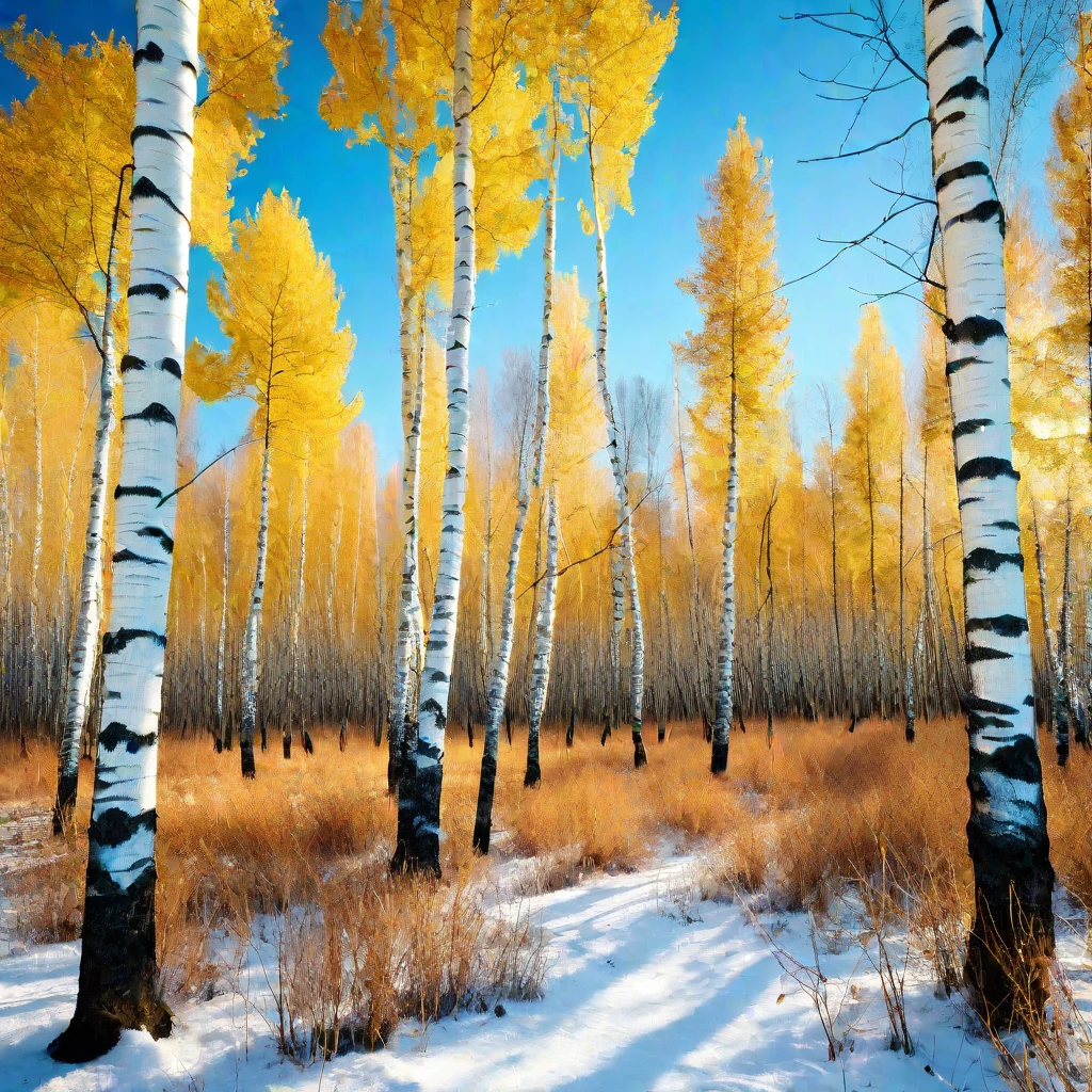 (masterpiece, best quality:1.2), cold, forest, snow, cool weather, golden leaves, bare trees, chill, birch trees, cool weather, blue sky