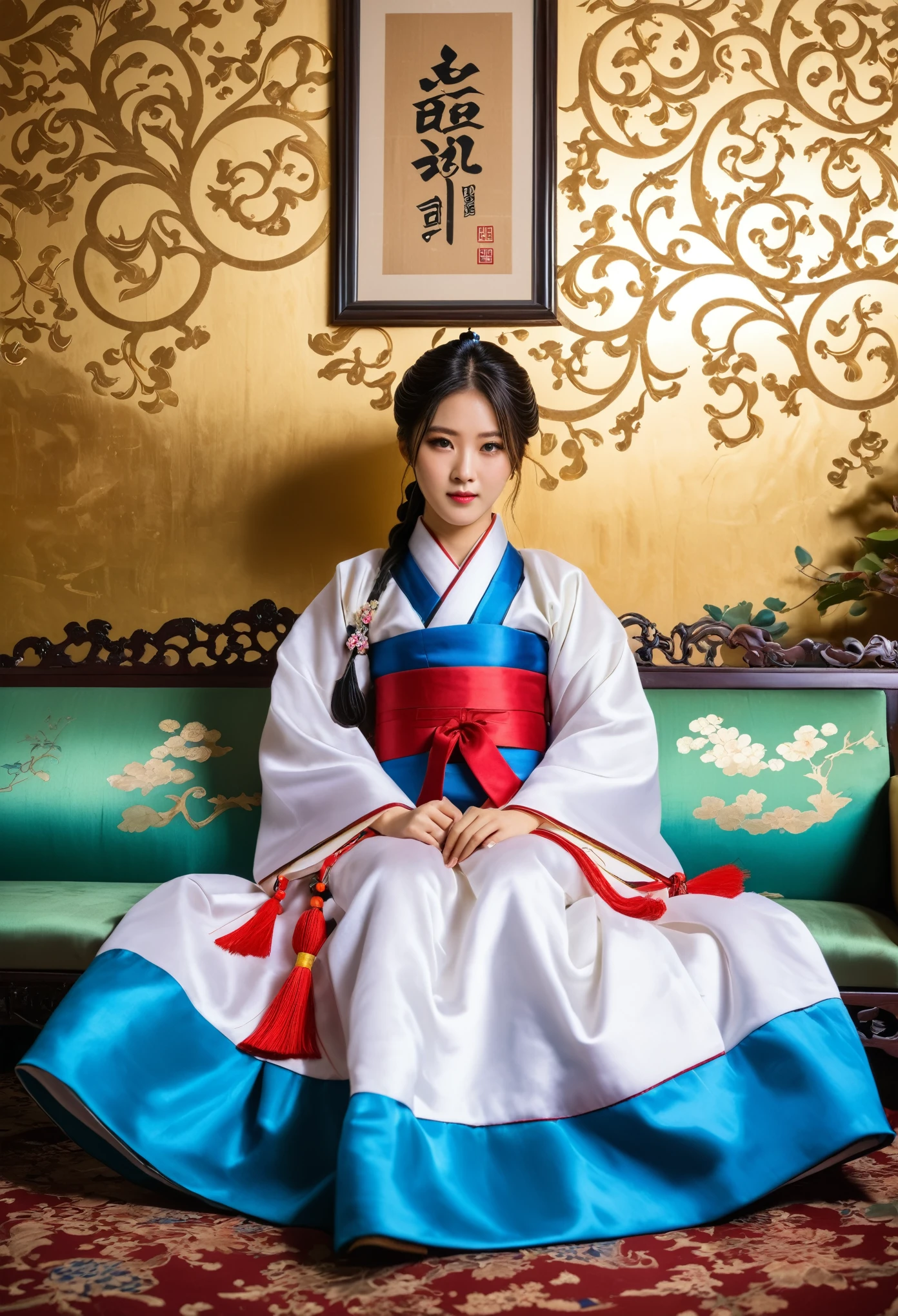 A beautiful Korean woman in her twenties with long hair, wearing traditional Hanbok attire, sitting on the sofa of an antique room. She is dressed up as D'LC from the Japanese anime ‘Gintama’ and poses for photos. The photo captures every detail – right down to her feet, showcasing intricate details of both and costume. It’s a fullbody shot taken with a Nikon Z6 II using a wideangle lens at f/8 aperture setting with ISO between 2040, shutter speed around 5 seconds.