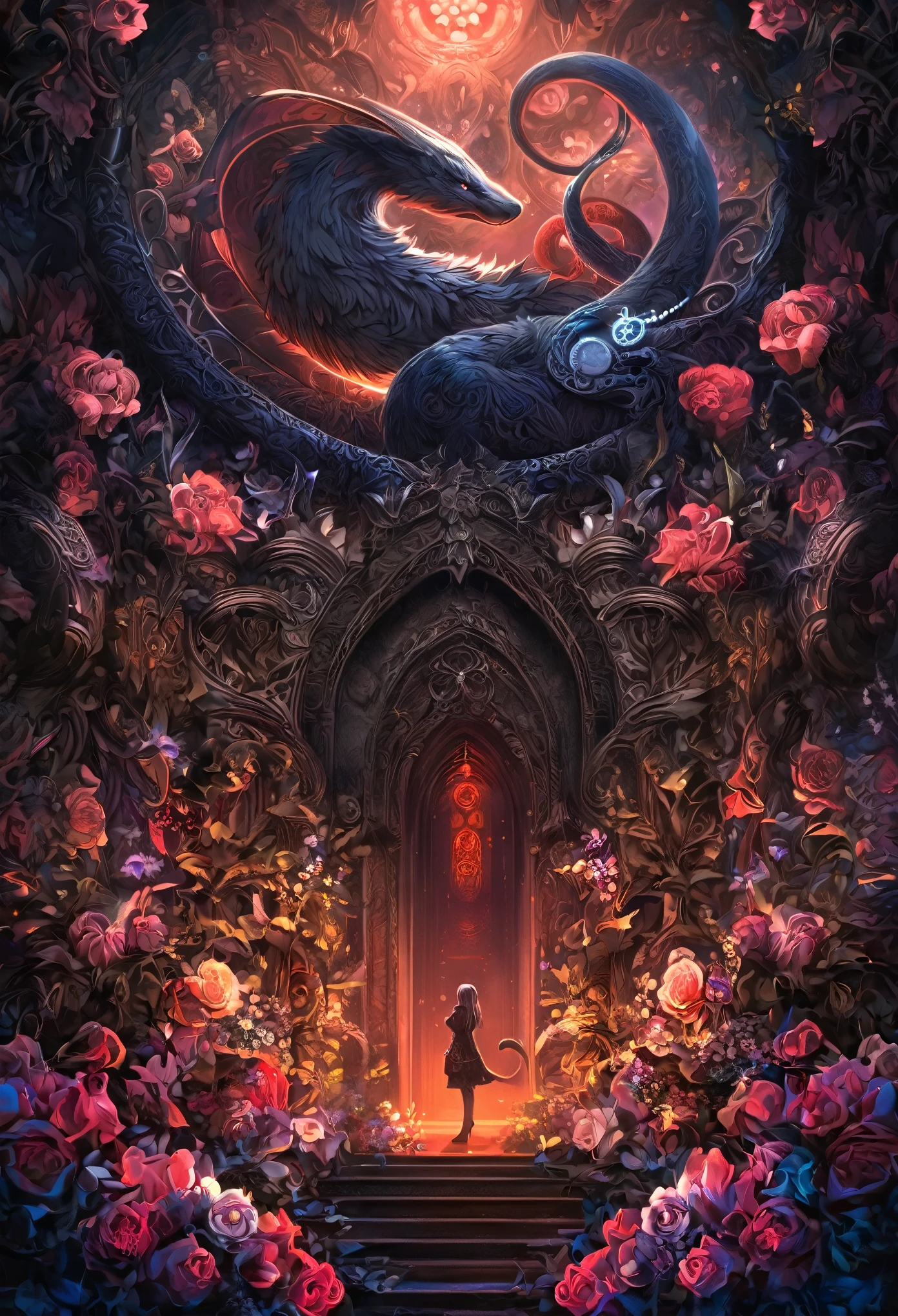 e621(best quality, high resolution, ultra-detailed)silhouett(kemono, furry anthro)holding striking pocket watch, surrounded by flowers, snakes and darkness, illustrative rendering, intricate details, mysterious atmosphere, vibrant colors, dynamic lighting , Gothic style,