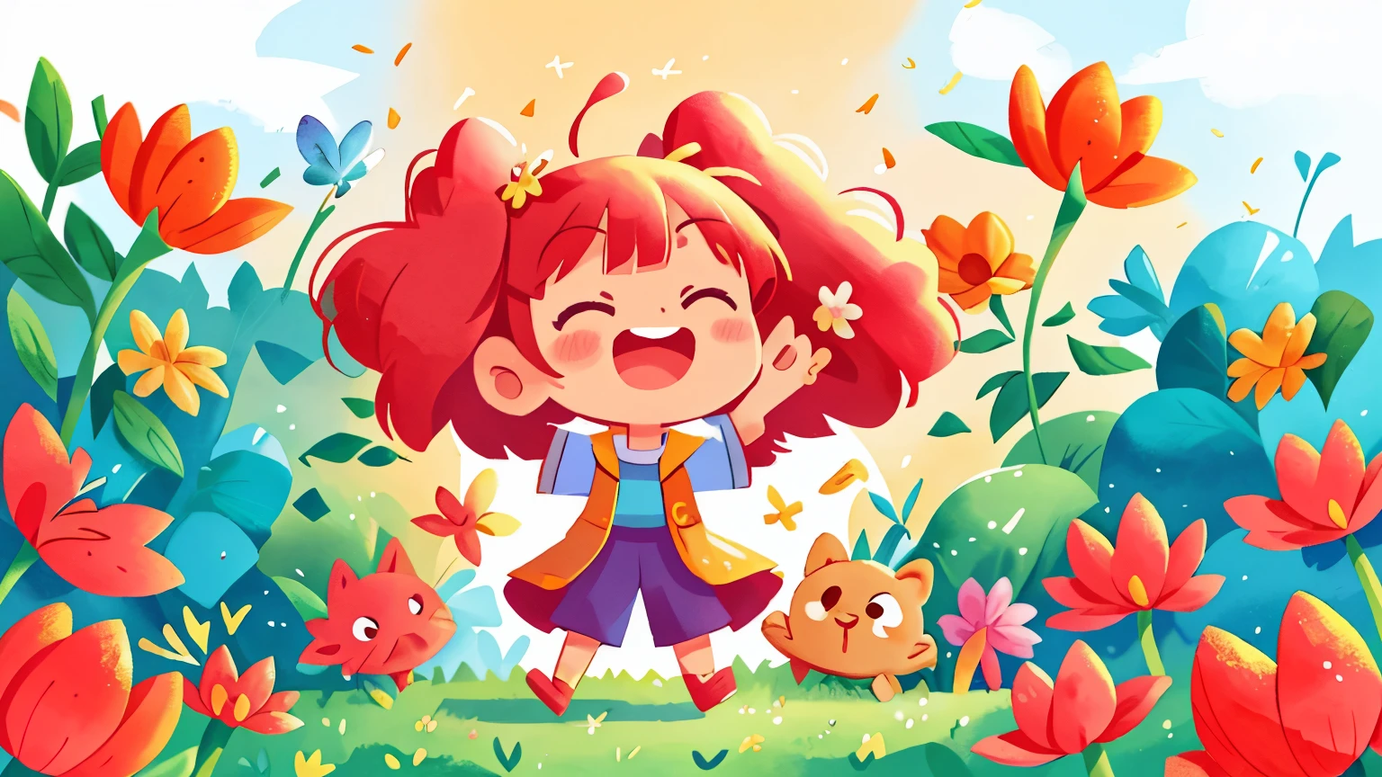 Create an illustration of Joy in a vast, sunny field filled with vibrant, colorful flowers. The sky is a clear blue, and the bright sun shines warmly over the landscape. Butterflies of various colors flutter from flower to flower, and a gentle breeze carries the sweet scent of the blossoms. Laughter and happiness are palpable in the air, creating a radiant and joyful atmosphere.