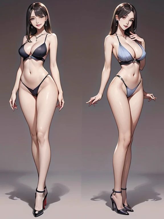 ((Biologically correct number of limbs))、(( Full body image（Including the face）))、4k、((Standing))、masterpiece、((Focus on the face))、((Symmetrical facial features))、The eyes are described in detail、Beautiful woman、Outstanding style、Beautiful arms、Beautiful legs、beautiful hands、((((Large Breasts、Low-cut，Cleavage, Wide hips,)))(Long legs) (Wide hips)）、Facial details、Small earrings、necklace、(Shiny、Shiny裙子、High heel、stocking）Smile、（Beautiful legsのアップ）、