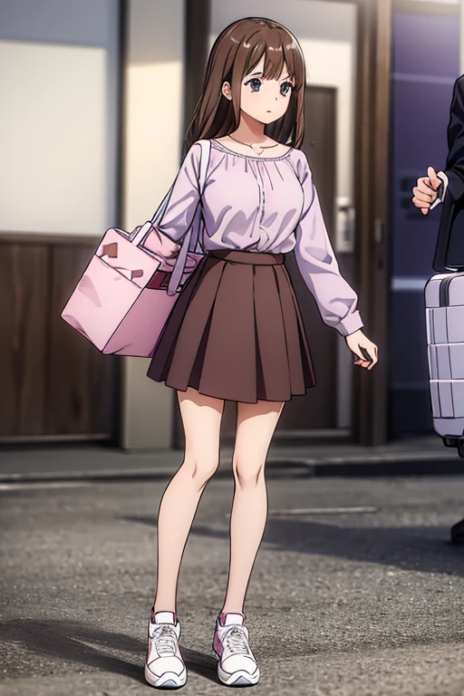 best quality,4k,8k,highres,masterpiece:1.2),
chocolate brown hair, lilac eyes, wears a white long-sleeved blouse, red skirt, tights, sneakers.  She has a pink suitcase at the airport.