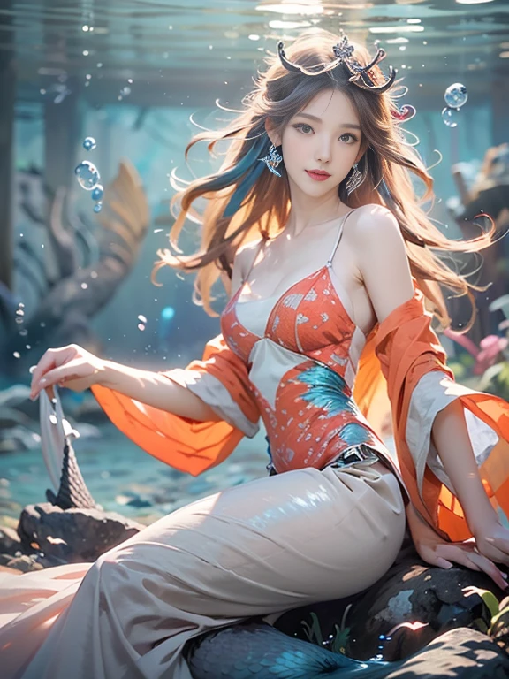 (best quality,ultra-detailed,photorealistic),blue water,sparkling scales, flowy hair, underwater world, colorful coral reefs, ethereal lighting, dreamy atmosphere, fantasy theme, mystical creatures, magical powers, enchanting melodies, mesmerizing beauty, graceful movements, captivating expressions, surreal landscape, peaceful serenity, magical mermaid tails, elegant tiaras, long flowing dresses.