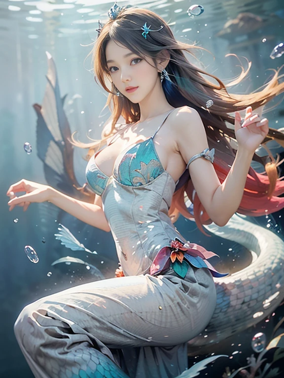 (best quality,ultra-detailed,photorealistic),blue water,sparkling scales, flowy hair, underwater world, colorful coral reefs, ethereal lighting, dreamy atmosphere, fantasy theme, mystical creatures, magical powers, enchanting melodies, mesmerizing beauty, graceful movements, captivating expressions, surreal landscape, peaceful serenity, magical mermaid tails, elegant tiaras, long flowing dresses.