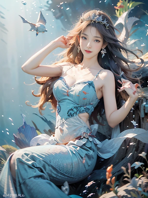 (best quality,ultra-detailed,photorealistic),blue water,sparkling scales, flowy hair, underwater world, colorful coral reefs, ethereal lighting, dreamy atmosphere, fantasy theme, mystical creatures, magical powers, enchanting melodies, mesmerizing beauty, graceful movements, captivating expressions, surreal landscape, peaceful serenity, magical mermaid tails, elegant tiaras, long flowing dresses.