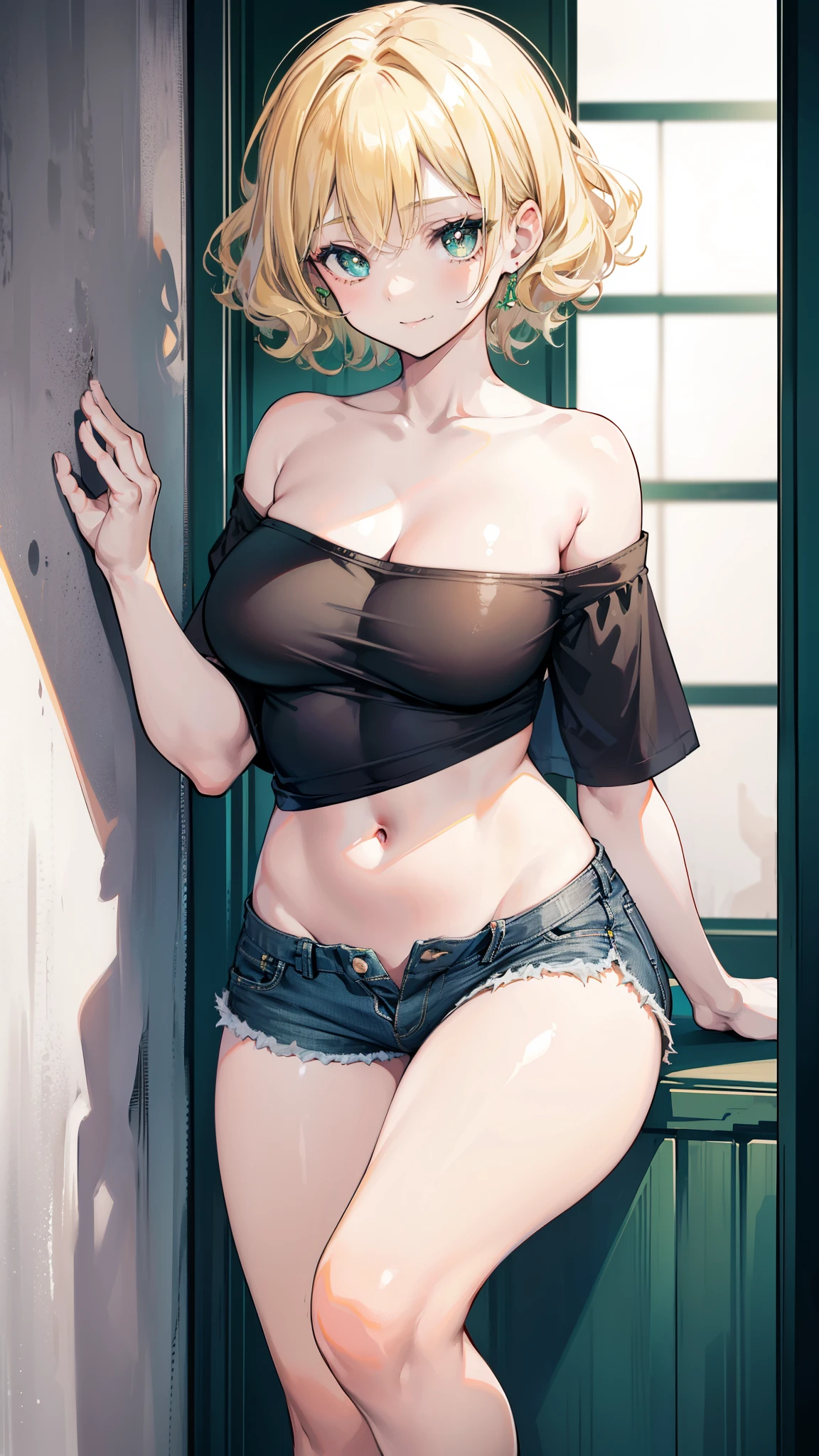 beautiful girl，Blonde short hair，curls，Green pupils，(Black off-the-shoulder short sleeves)，belly button，(camisole)，Super short jeans，(Pants open and unbuttoned)，Bare legs，In the entrance，Warm Lights，Gentle smile，A warm filter，Leaning against the wall，(Show off the pubic bone)