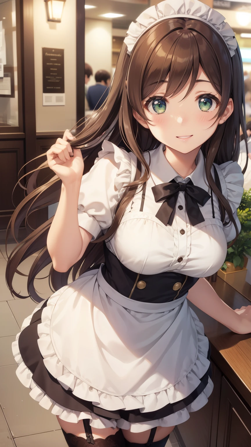 nozomitoujou, nozomi toujou, green eyes, brown hair, curly hair, large breasts, masterpiece, best quality, high resolution, beautiful detailed eyes, extremely detailed face, good lighting, detailed CG, messy hair, glossy lips, maid, short puffy sleeves, small maid apron, thigh highs, light smile, shopping centre, holding leaflets, crowd