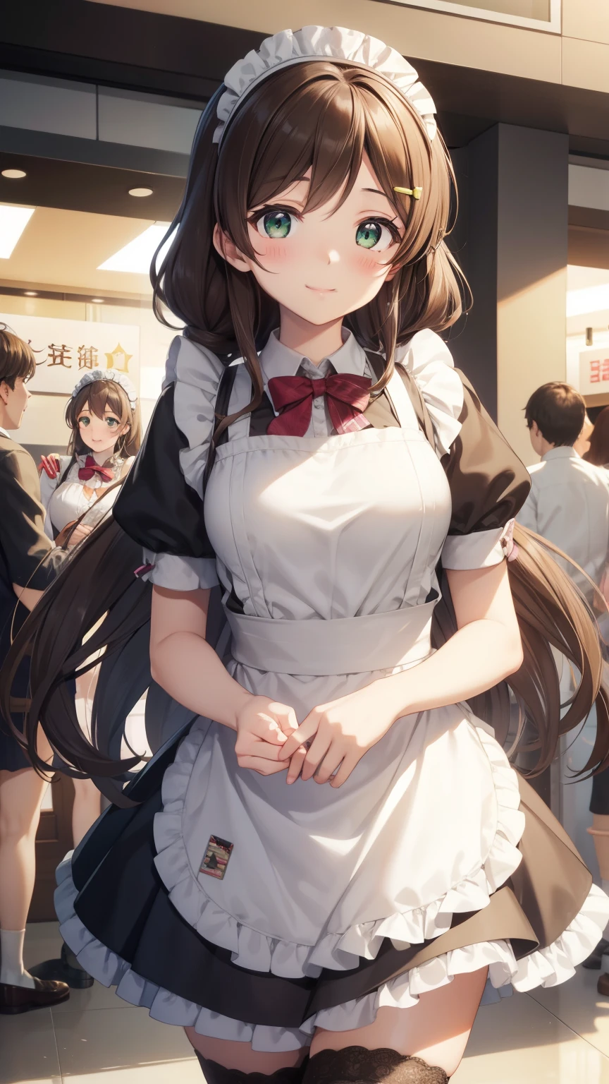 nozomitoujou, nozomi toujou, green eyes, brown hair, curly hair, large breasts, masterpiece, best quality, high resolution, beautiful detailed eyes, extremely detailed face, good lighting, detailed CG, messy hair, glossy lips, maid, short puffy sleeves, small maid apron, thigh highs, light smile, shopping centre, holding leaflets, crowd