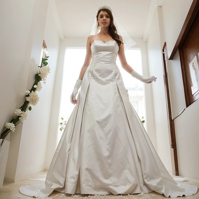 A 6-foot-tall woman in a white wedding dress, long white gloves, and a white garland is going to the wedding ceremony.