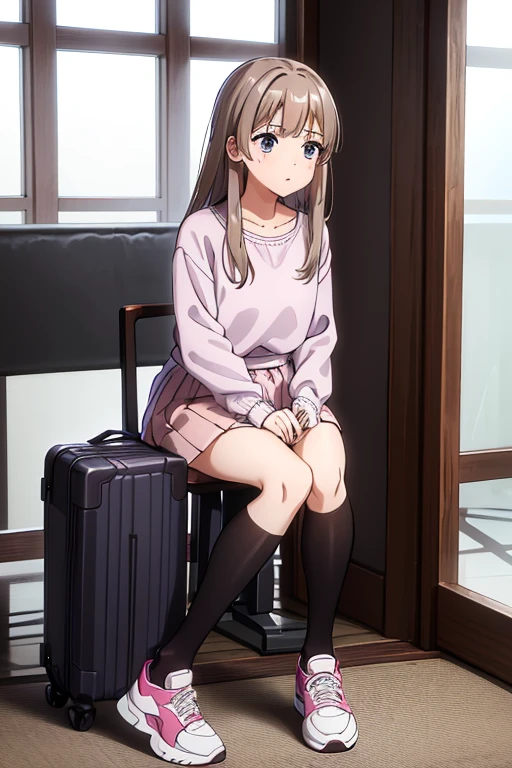 best quality,4k,8k,highres,masterpiece:1.2),
chocolate brown hair, lilac eyes, wears a white long-sleeved blouse, red skirt, tights, sneakers. She has a pink suitcase at the airport.