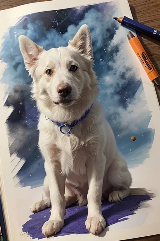 Outline: Start by drawing a sketch of the white Border Collie with orange spots.. Be sure to capture the breed&#39;s distinctive details, como a forma das orelhas e o tamanho do corpo.

Detalhes: Adicione detalhes ao seu desenho, such as the dog&#39;s facial expression and the shape of the cigarette in its mouth.

Cores: Escolha cores adequadas para o seu desenho. Use tons de branco e laranja para o cachorro, and blue and purple tones to represent outer space.

scenario: Desenhe a Terra no fundo, to give context to the dog being in the space. Adicione estrelas, planets or other elements to create a feeling of outer space.

smoke: Draw smoke coming from the dog&#39;s cigarette. This can add dynamism and a touch of realism to your illustration.

Detalhes finais: Add any final details needed to enhance your illustration and make it more vivid and interesting.