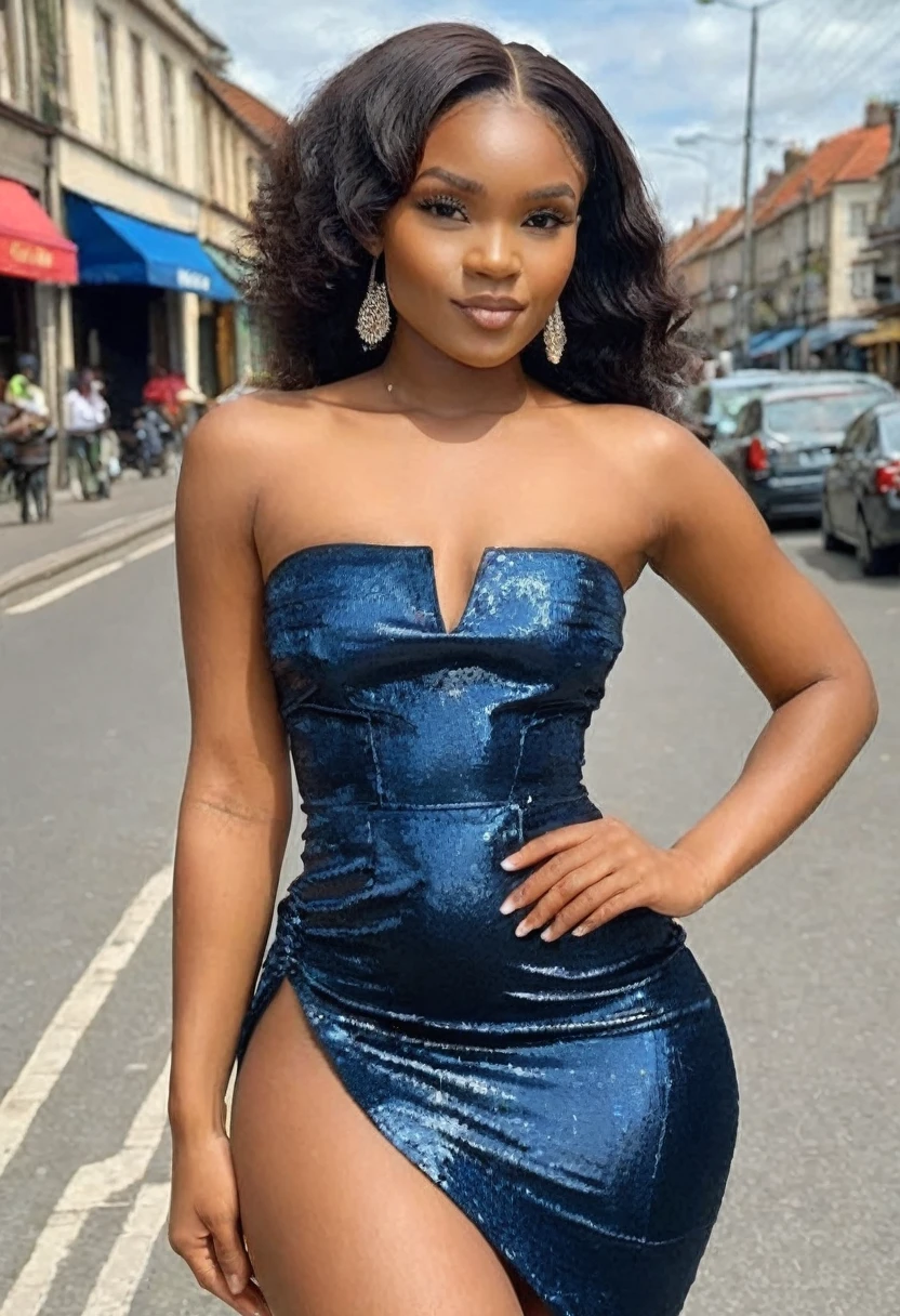 ((Hotlexi woman)), (high quality:1.5), (8k), (extremely detailed), (High detail:1.2), (art of work), Solo, 24 year old African female, (in street), (dress strapless),