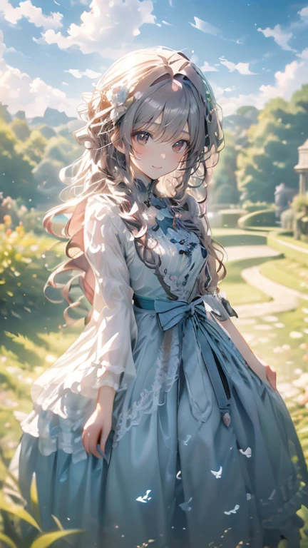 (masterpiece)、(highest quality)、anime style female character、long curly colored hair、Dark Eyes、A soft smile、Pale blue and white dress、Beautiful flowers in a sunny garden々Posing gracefully in、Colorful lights pouring down from the sky、Butterfly on background々