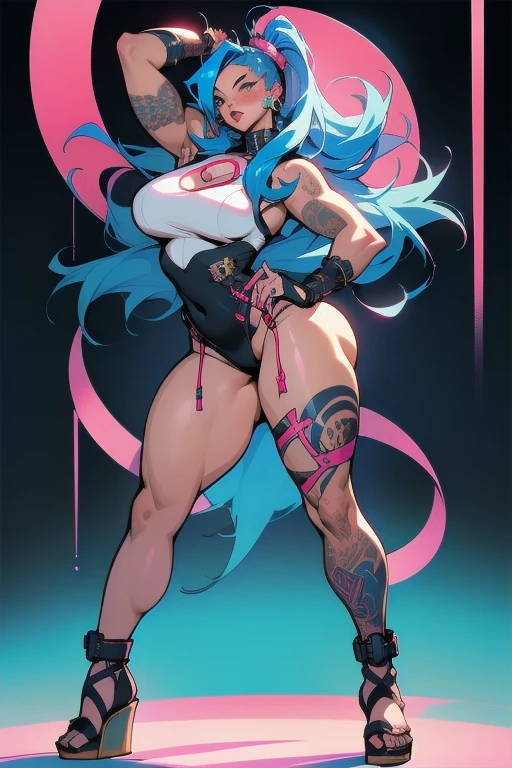 ((Best quality)), ((perfect masterpiece)), (detailed: 1.4), (Absurd), (((full body, curvy body, super huge enormously gigantic , arching her back in a sexy seductive slutty pose)), (((blue hair woman,
blushing, full pouting pink lips))), 35-year-old woman, Beautiful muscular woman, giant robot pilot, wild with perfect curvy body, tons of tattoos and piercings, wearing little clothing, tiny thong, clothing with Japanese cyberpunk graphic patterns, halftone pattern and vertical stripes, perfect color scheme