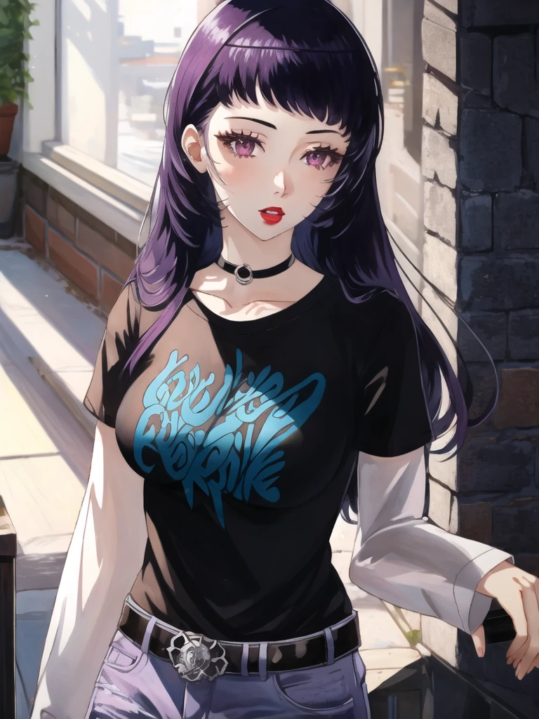 Ivy_fe, purple hair, 1girl, solo, black t-shirt, white shirt, blue jeans, belt, lipstick, large breasts