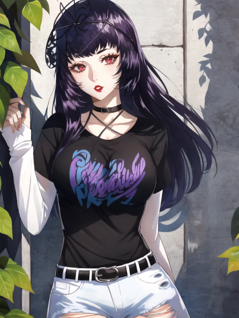 Ivy_fe, purple hair, 1girl, solo, black t-shirt, white shirt, blue jeans, belt, lipstick, large breasts