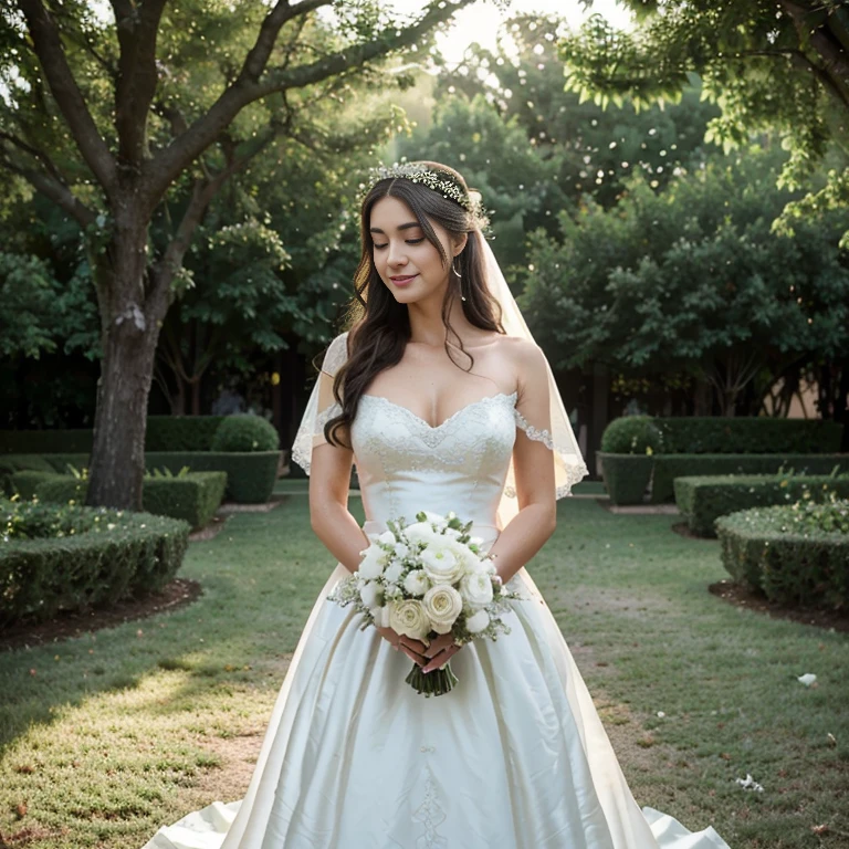 (best quality,4k,8k,highres,masterpiece:1.2),ultra-detailed,(realistic,photorealistic,photo-realistic:1.37),a 6-foot-tall woman in a white wedding dress,long white gloves, and a white garland,going to the wedding ceremony,beautiful detailed eyes,beautiful detailed lips,extremely detailed eyes and face,long eylashes,bouquet of fresh flowers,sunlit outdoor garden venue,vintage garden arch,pastel color palette,elegant lace details,soft, romantic atmosphere,whimsical elements,delicate veil flowing in the wind,joyful smiles and happy tears of wedding guests,traditional wedding vows,classical music playing softly,lush greenery and blooming flowers around her,twinkling fairy lights illuminating the scene,ethereal and dreamy ambiance,bride's radiant and confident expression,serene and peaceful surroundings,gentle breeze caressing her hair,graceful and elegant posture,sun rays filtering through the trees,creating magical light patterns,a sense of anticipation and excitement in the air,feeling of love and unity,beautifully decorated wedding aisle,white wooden chairs for guests,memorable and enchanting moment captured in time.
