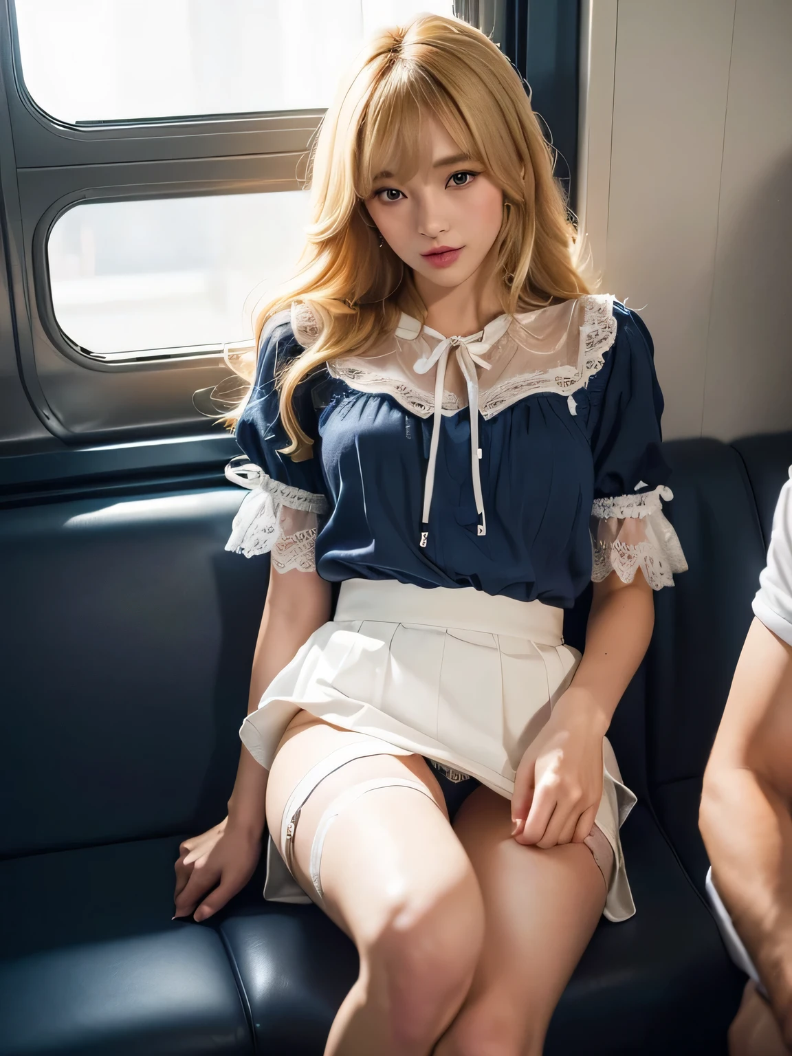 8K、Photo image masterpiece、highest quality、Super-resolution、Low angle view from the feet、Voyeur、Beautiful woman with golden curly hair、((Blonde beauty))、With bangs、Impossibly cute face、And slim、Small breasts、High resolution、masterpiece、Exquisite Function 、Delicate eyes、Delicate blonde hair、8K quality、Pale light and shadow、Dindal effect、Blond hair blown by the wind、With bangs、Random Hairstyles、((A photo from the delicate feet)、(Detailed RAW Photos of Girls)、(Tabletop:1.25)、 (Highest quality:1.6)、(超High resolution:1.5)、(Real:1.75)、8K resolution、 (RAW Photos:1.2)、(Realistic:1.4)、Beautiful detailed woman、Very narrow waist、Very detailed eyes and face、Beautiful fine details, Ridiculous、Large file size、Very detailed、High resolution、highest quality、masterpiece、((A light navy blue summer blouse and a white skirt))、Very detailed、CG、Unified、8k wallpaper、wonderful、The finer detailasterpiece、highest quality、 Light on the face、Cinema Lighting、One 23 year old woman、((Inside a crowded train、Woman sitting in the front seat of a train、Men on both sides、The man on the right touches her thigh.、The man on the left is touching her breasts.、thighs are closed、Legs do not open、Wearing high heels、sunglasses、White Stockings、garter belt、Lighting from below、The inside of the skirt is also clearly visible.、Liked images、Voyeur: T-back panties of random colors and shapes peeking out from under a skirt、See-through thong panties、))