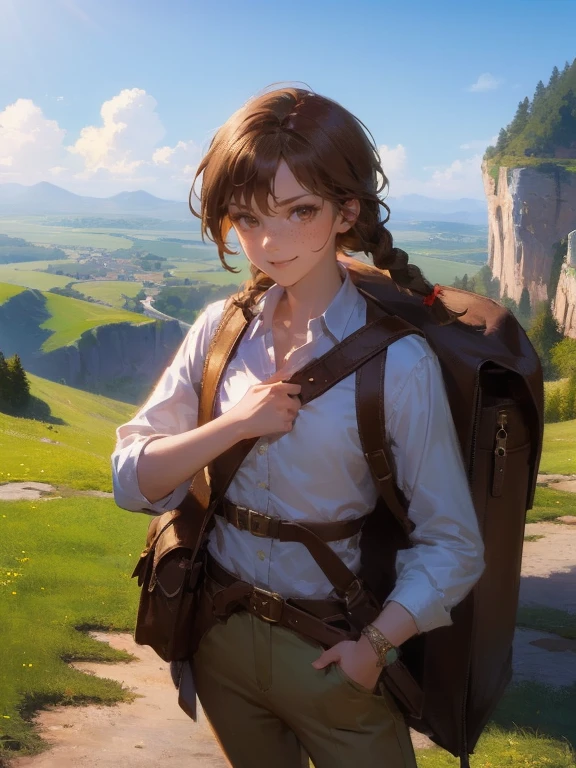 masterpiece, best quality, rpg character art, epic fantasy art style, 1 girl, Lily, 11 year old girl, ???, determined and excited demeaner, full body fantasy concept art, caramel brown hair in 2 long braids, brown eyes, freckles, high detail, (wearing light adventurer gear, brown and white shirt, brown pants coming to the ankles, travel sack on her bag with strap across her chest), intricate details, ultra high resolution, sharp focus, HD, 8k, clear facial features, clear details, background is a detailed small village, zoomed out view, looking at the viewer with a mischievous smirk