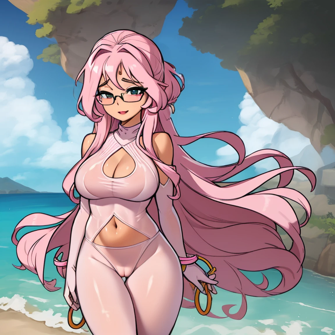 (masterpiece, best quality:1.2), cowboy shot, (solo), (1girl):1.5, glasses, long fluffy pink hair, hair blowing, gorgeous body, wide hips, slight smile, ((very sexy and transparent (clothes)) with exposed navel), musculous belly, gorgeous huge breasts, ((pink breasts niples) under very transparent clothes), (cameltoe), in front a waterfall in a windy beach, view form sea to beach.