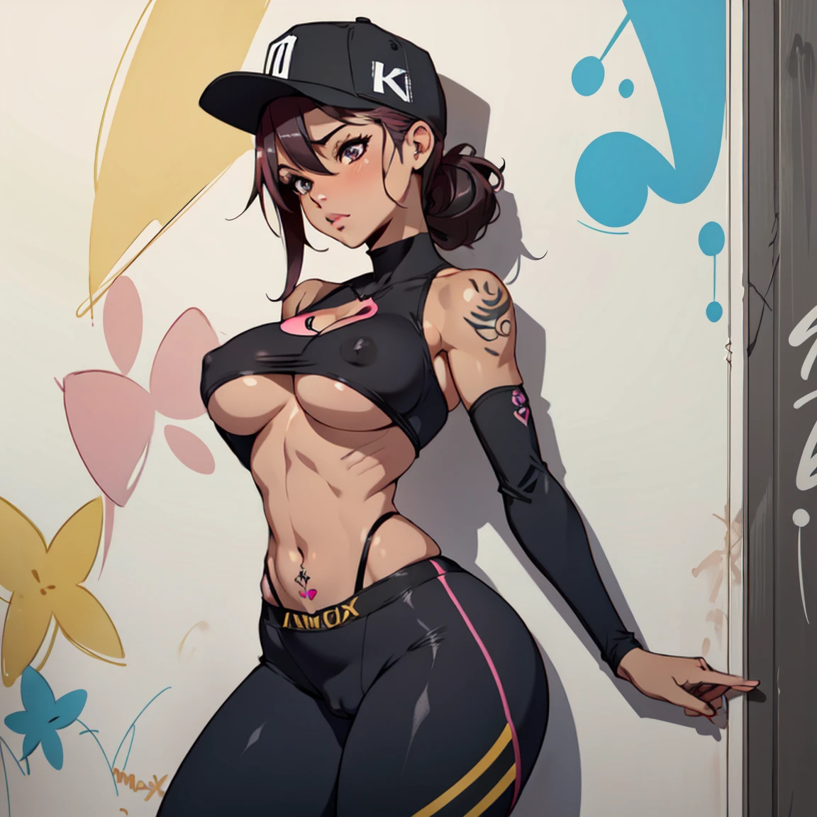 estilo anime, mujer grafitera, grafiti en la pared, desnuda contra la pared, gorra de lado, colores vivos, buena figura, buenas curvas, tatuajes maxima calidad, ultra detallado, 8K, cuerpo entero, cameltoe