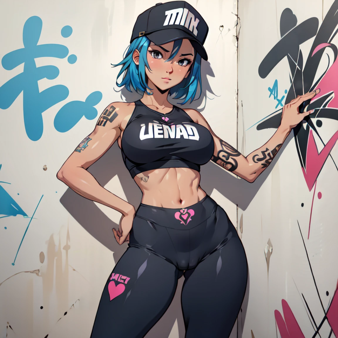 estilo anime, mujer grafitera, grafiti en la pared, desnuda contra la pared, gorra de lado, colores vivos, buena figura, buenas curvas, tatuajes maxima calidad, ultra detallado, 8K, cuerpo entero, cameltoe