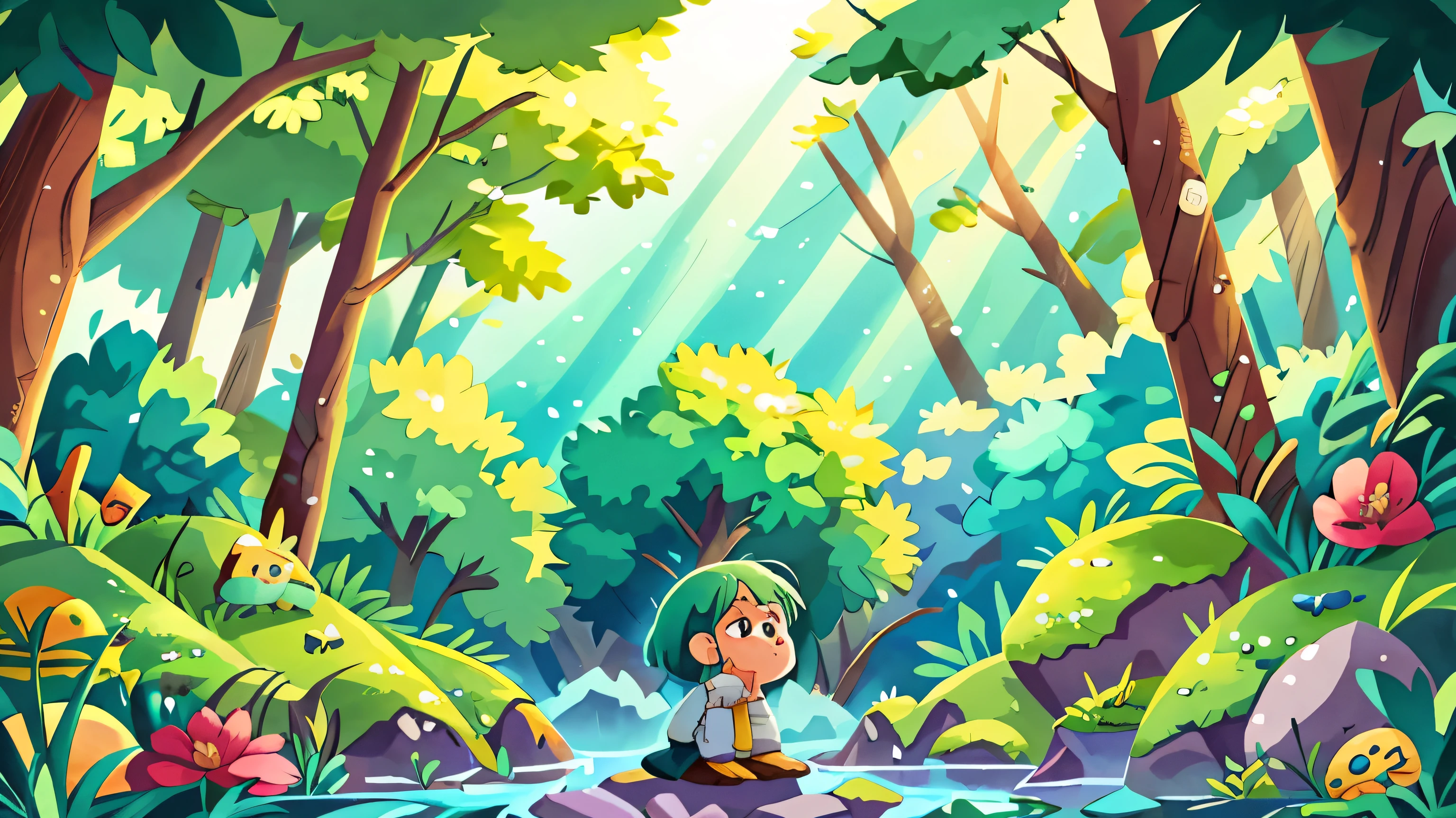 Illustrate Sadness in a serene, melancholic valley where the sunlight is soft and diffused, casting a tranquil glow. Trees with gently falling leaves surround a clear, quiet stream that winds through the valley. The environment exudes a deep peace but also a soft sadness, as if the valley is in a constant state of quiet mourning. The scene should evoke empathy and introspection.