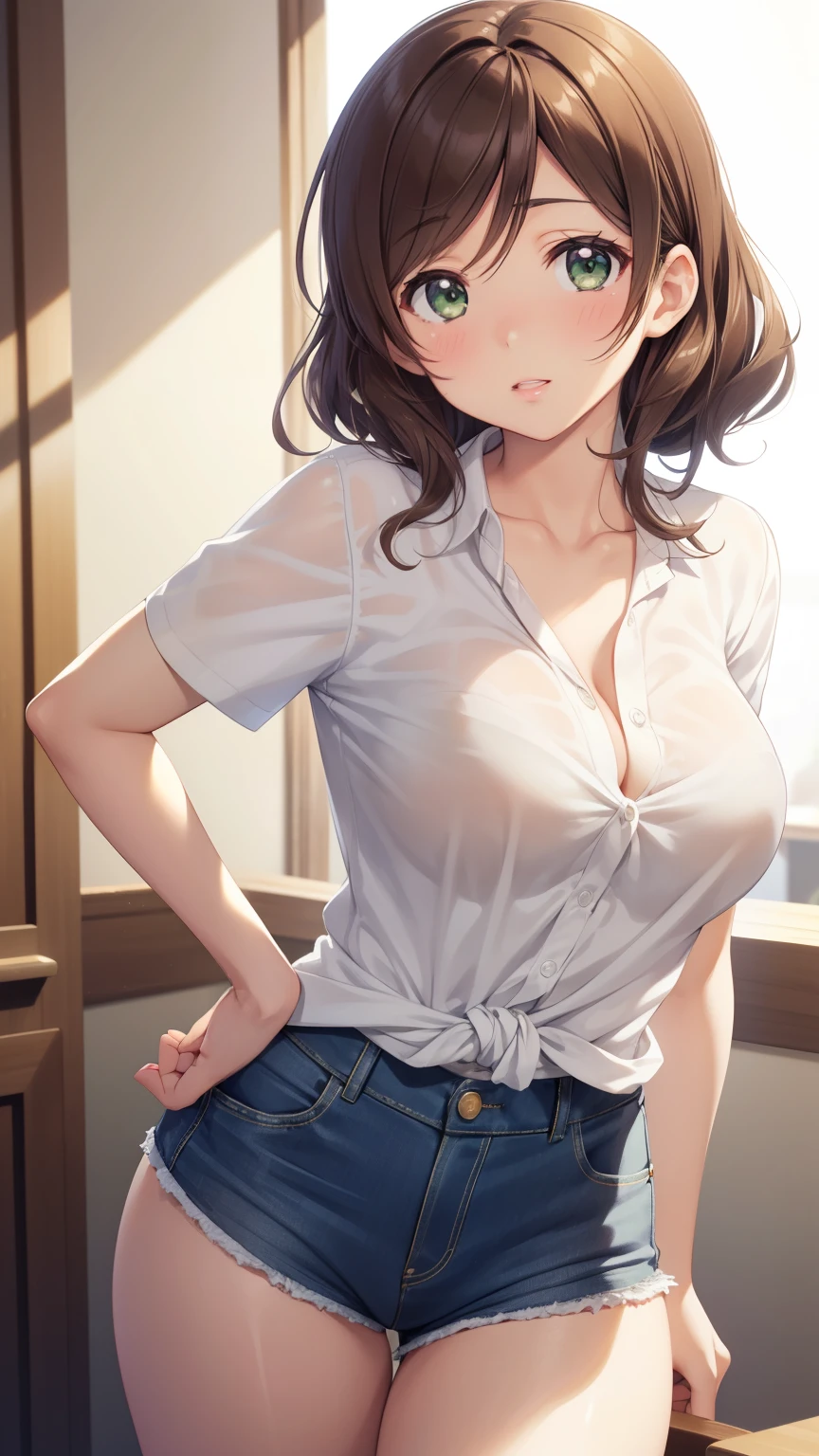 nozomitoujou, nozomi toujou, green eyes, brown hair, short curly hair, large breasts, masterpiece, best quality, high resolution, beautiful detailed eyes, extremely detailed face, good lighting, detailed CG, messy hair, glossy lips, tied shirt, knotted shirt, short shorts