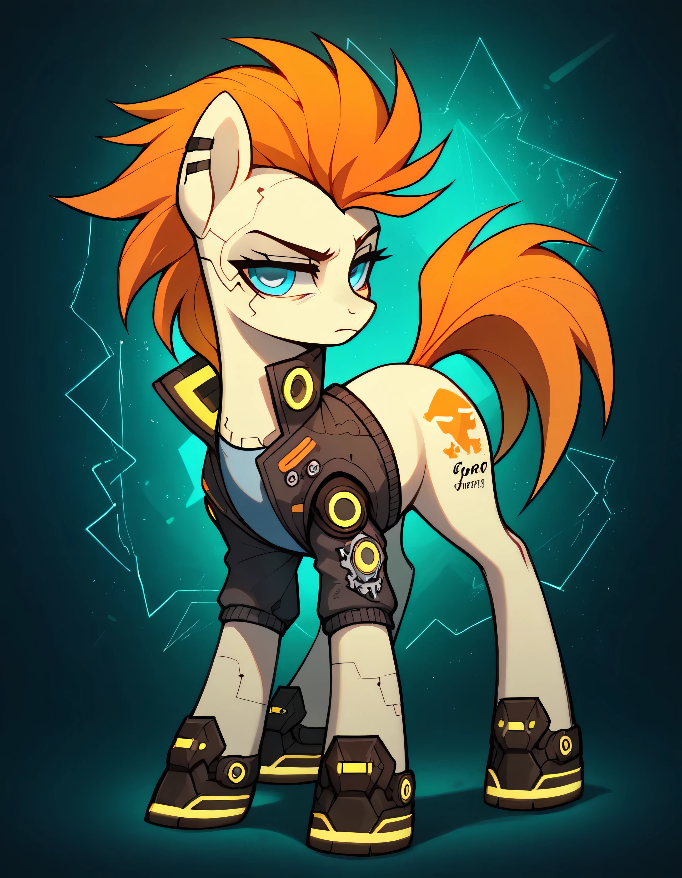 score_9,score_8_up,score_7_up,score_6_up, Cyberpunk pony, cyber-punk fashion, glowing backlight, tech-city scene, glitter, whimsical, enchanted, magical, fantasy art concept, intricate details, stallion, full body, burnt orange hair, light blue eyes, solo