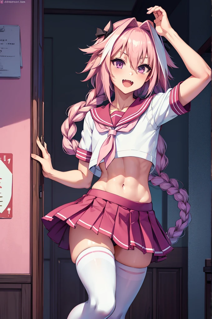 masterpiece, best quality, 1boy, Astolfo, long braid, white hair, purple eyes, short sleeves, hair bow, black bow, pleated skirt, pink hair, serafuku, white thighhighs, pink skirt, single braid, navel, flat chest, skirt, long hair, sailor collar, hair intakes, streaked hair, open mouth, fang, smiling, seductive, skirt lift, panties, (bulge),