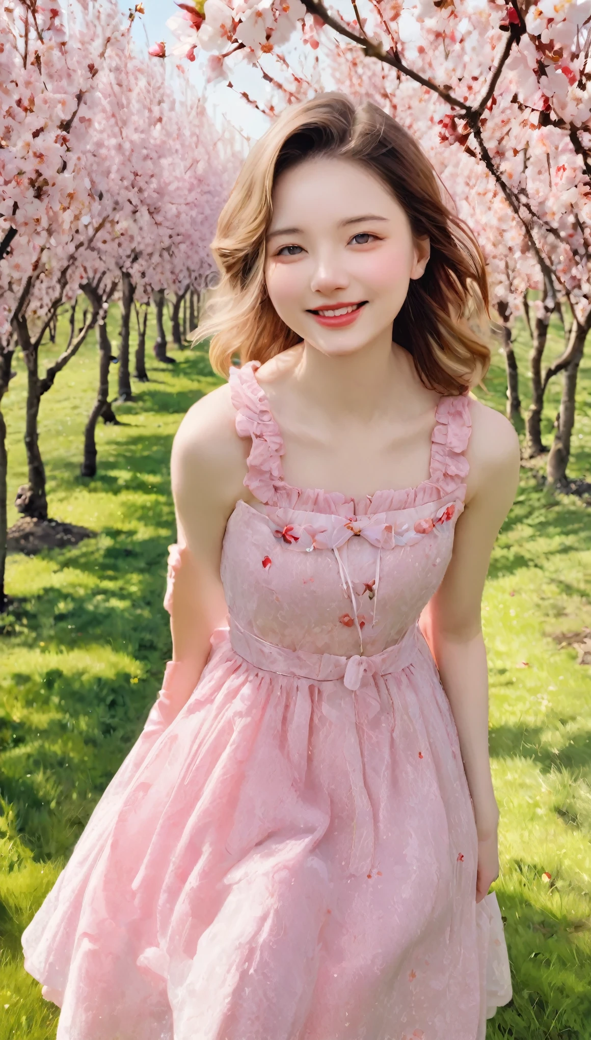 masterpiece, highest quality, 8k, 18-year-old, Portrait,Photo guy, Absurd, Award-winning portraits, smile, smile, Pure, Elegant and vibrant pale pink dress, spring, Orchard in full bloom, Shoelaces, Famous singer, cute, sweet, Cherry Lips