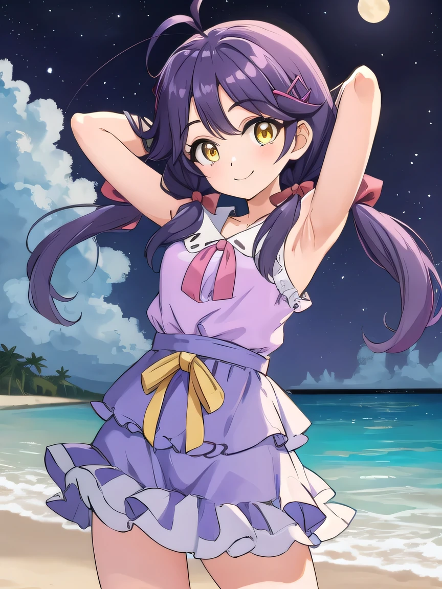 best quality, masterpiece, highres, detailed, perfect anatomy, Sango, purple hair, yellow eyes, low twintails, hair clips, ribbon, purple skirt, purple blouse, smile, (cowboy shot:1.5), solo, night sky, beach, arms behind head, contrapposto, spread armpits, looking at viewer, best quality, layered skirt, medium hair, happy, ahoge, 