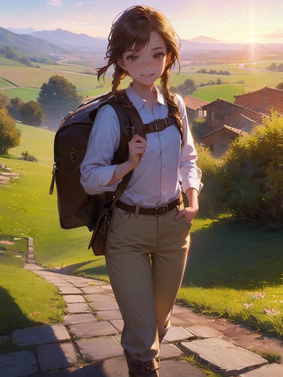 masterpiece, best quality, rpg character art, epic fantasy art style, 1 girl, Lily, 11 year old girl, ???, determined and excited demeaner, full body fantasy concept art, caramel brown hair in 2 long braids, brown eyes, freckles, high detail, (wearing light adventurer gear, brown and white shirt, brown pants coming to the ankles, travel sack on her bag with strap across her chest), intricate details, ultra high resolution, sharp focus, HD, 8k, clear facial features, clear details, background is a detailed small village, zoomed out view, looking at the viewer with a mischievous smirk