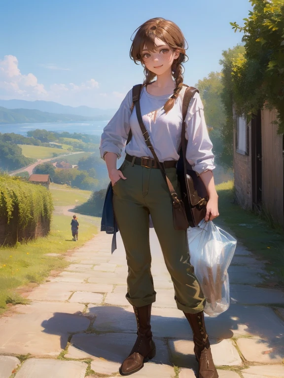 masterpiece, best quality, rpg character art, epic fantasy art style, 1 girl, Lily girl, kid, determand excited demeaner, full body fantasy concept art, caramel brown hair in 2 long braids, brown eyes, freckles, high detail, (wearing light adventurer gear, brown and white shirt, brown pants coming to the ankles, travel sack on her bag with strap across her chest), intricate details, ultra high resolution, sharp focus, HD, 8k, clear facial features, clear details, background is a detailed small village, zoomed out view, looking at the viewer with a mischievous smirk