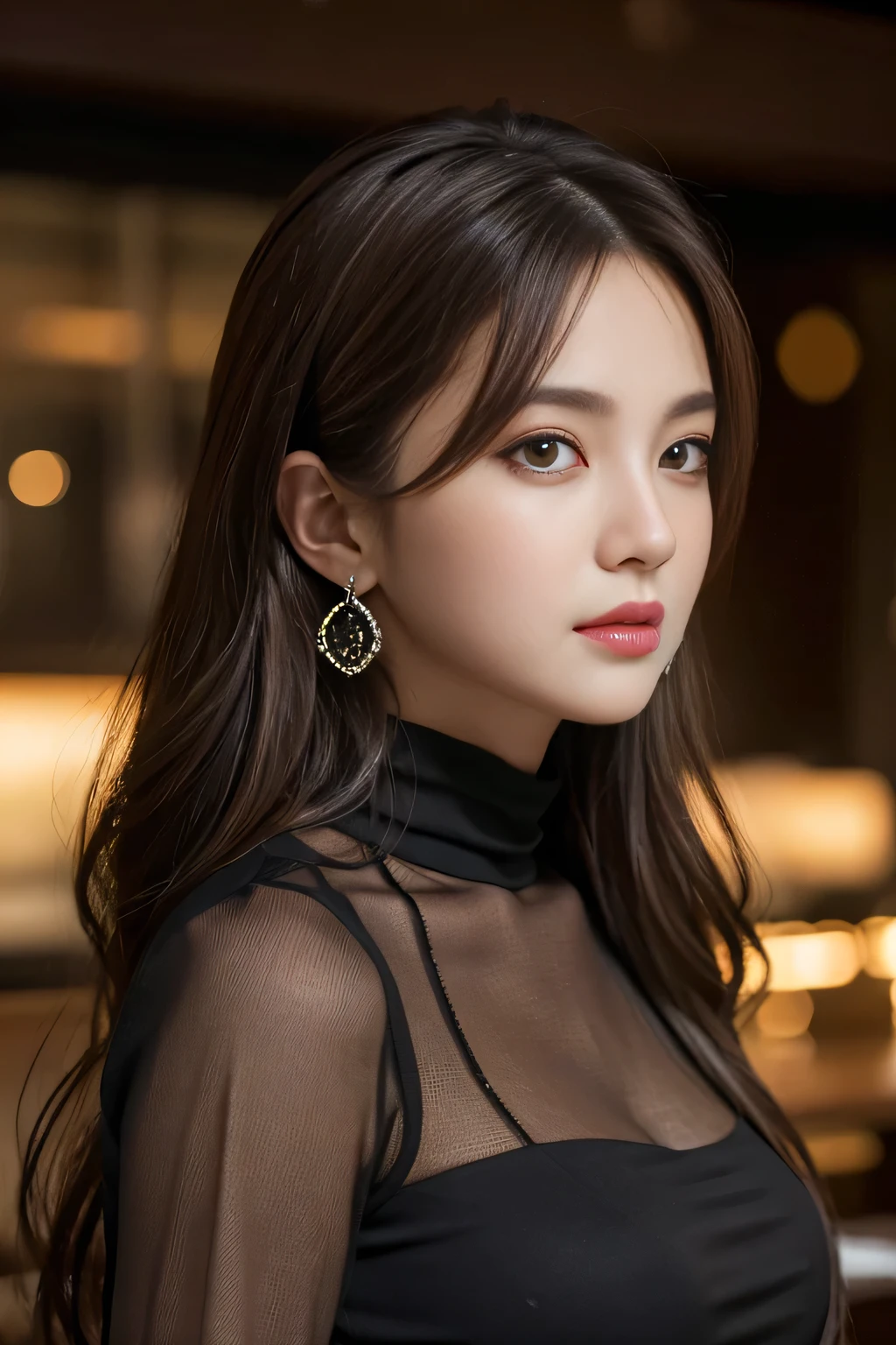 masterpiece, highest quality, Realistic, Very detailed, Finer details, High resolution, 8k wallpaper, One beautiful woman, Wear a black see-through shirt, In a great restaurant, At night, Light brown messy hair, Perfect dynamic composition, Beautiful and beautiful eyes、Big earrings