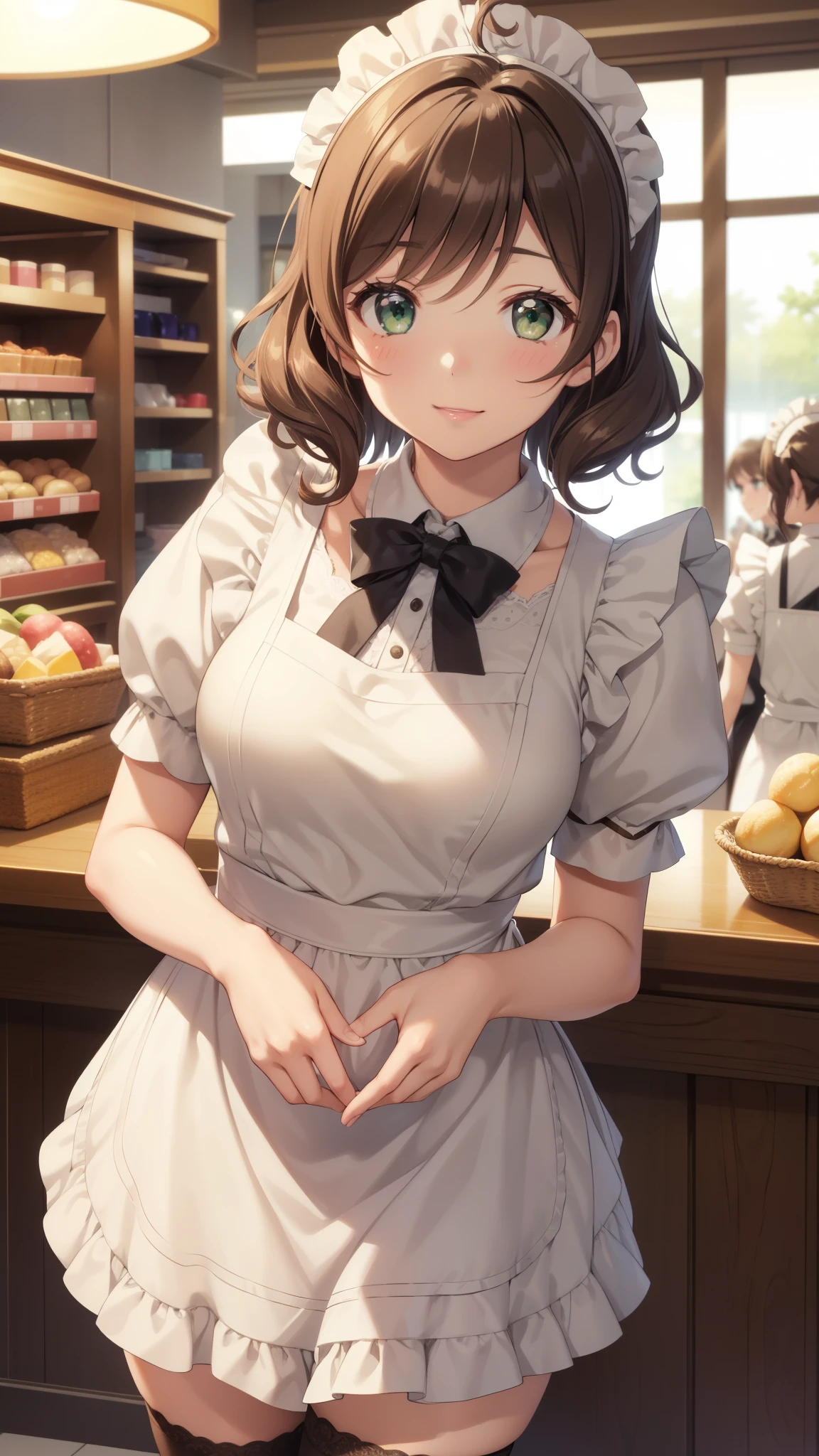 nozomitoujou, nozomi toujou, green eyes, brown hair, short curly hair, large breasts, masterpiece, best quality, high resolution, beautiful detailed eyes, extremely detailed face, good lighting, detailed CG, messy hair, glossy lips, maid, short puffy sleeves, small maid apron, thigh highs, light smile, shopping centre, crowd