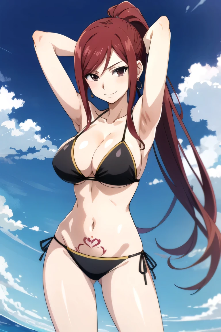 tall body, tall, long legs, mature female, mature, adult, source anime,
Fairytail_Erza, 1girl, swimsuit, solo, bikini, breasts, long hair, tattoo, jewelry, earrings, large breasts, black bikini, cleavage, red hair, smile, navel, side-tie bikini bottom, smile, (cowboy shot:1.5), solo, night sky, beach, arms behind head, contrapposto, spread armpits, looking at viewer, best quality, black eyes, brown eyes, collarbone, blue sky, high ponytail, sideboob, anime coloring,