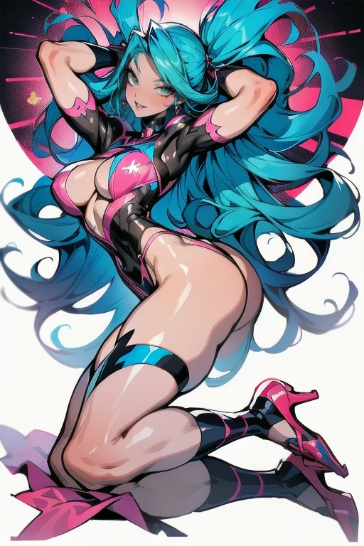 ((Best quality)), ((perfect masterpiece)), (detailed: 1.4), (Absurd), (((full body, curvy body, super huge enormously gigantic , arching her back in a sexy seductive slutty pose)), (((blue hair woman, 
blushing, full pouting pink lips))), 35-year-old woman, Beautiful muscular woman, giant robot pilot, wild with perfect curvy body, tons of tattoos and piercings, wearing little clothing, tiny thong, clothing with Japanese cyberpunk graphic patterns, halftone pattern and vertical stripes, perfect color scheme 