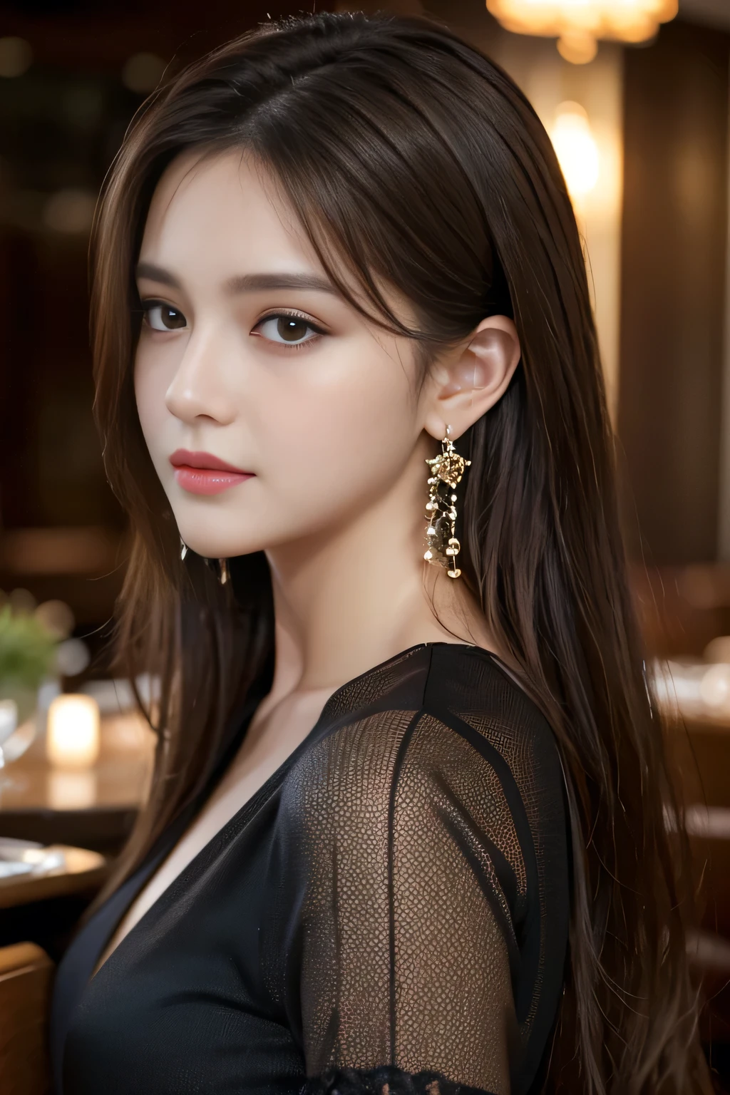 masterpiece, highest quality, Realistic, Very detailed, Finer details, High resolution, 8k wallpaper, One beautiful woman, Wear a black see-through shirt, In a great restaurant, At night, Light brown messy hair, Perfect dynamic composition, Beautiful and beautiful eyes、Big earrings
