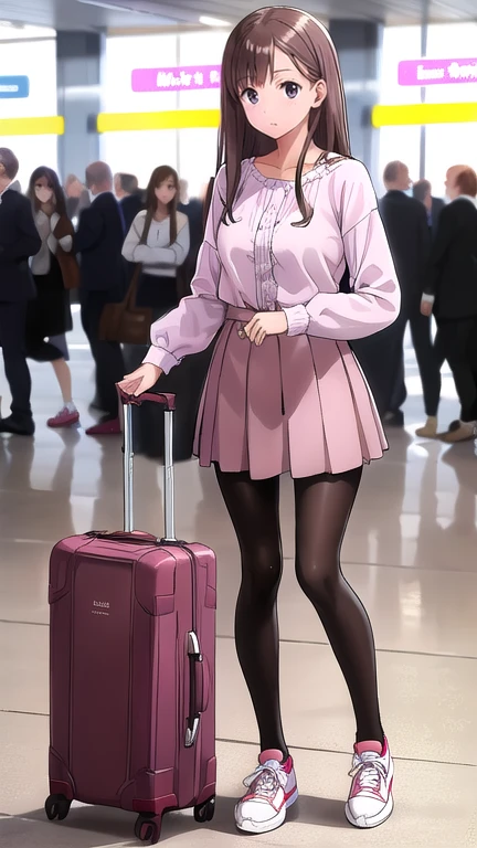 chocolate brown hair, lilac eyes, wears a white long-sleeved blouse, red skirt, tights, sneakers. She has a pink suitcase at the airport.