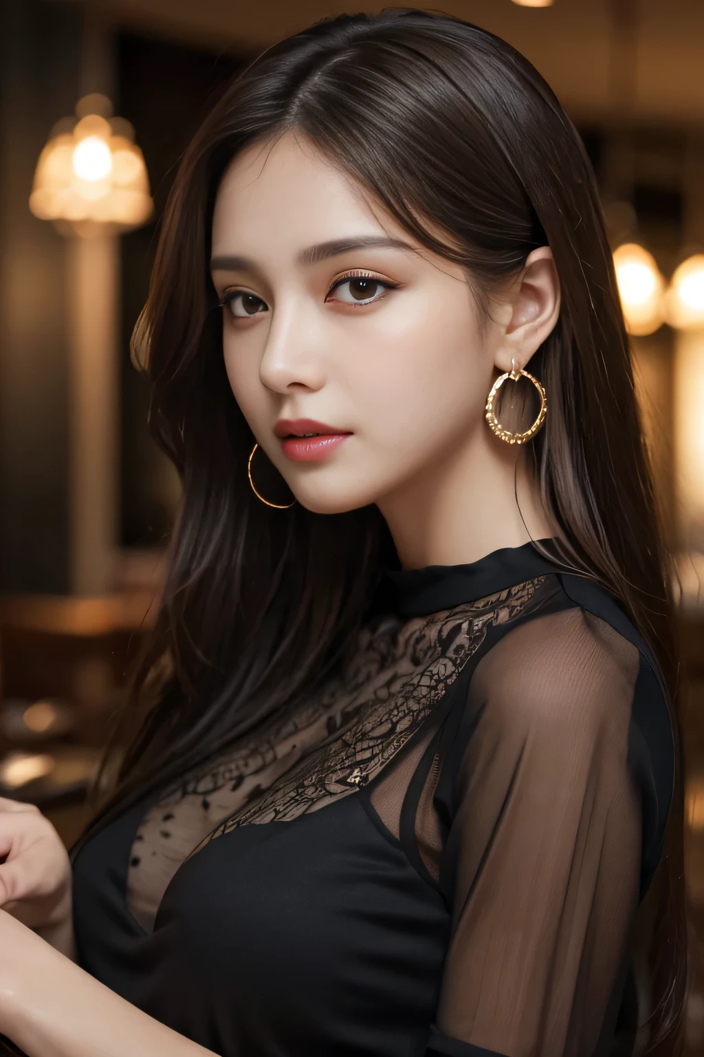 masterpiece, highest quality, Realistic, Very detailed, Finer details, High resolution, 8k wallpaper, One beautiful woman, Wear a black see-through shirt, In a great restaurant, At night, Light brown messy hair, Perfect dynamic composition, Beautiful and beautiful eyes、Big earrings